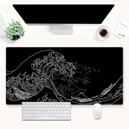 Great Wave Desk Mat, Black White Line Art Large Gaming Mousepad | Minimalist black and white wave desk pad with 3mm dense cushion, smooth cloth top, and non-slip rubber foundation. - color: Ukiyo-e of the Waves