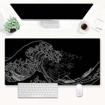 Great Wave Desk Mat, Black White Line Art Large Gaming Mousepad | Minimalist black and white wave desk pad with 3mm dense cushion, smooth cloth top, and non-slip rubber foundation. - color: Ukiyo-e of the Waves