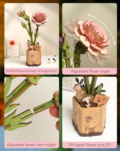 3D Flower Wooden Puzzles for Adults-Pink Carnation, DIY Wooden Flowers Model Kit Building Set Crafts Birthday Gifts, Artificial Botanical Collection Creative Gift Ideas/Housewarming (124PCS) - style: TW - Pink Carnation