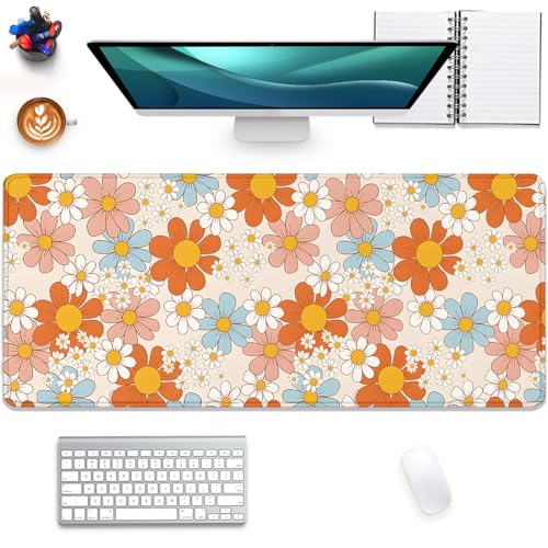 Vintage Floral Mouse Pad Daisy Desk Pad,Retro Flower Mouse Mat,Extended Gaming Mouse Mat,Stitched Edges Non-Slip Waterproof Rubber Base Mous Mat for Office Home Work Game Desk Pad(27.5X11.8 in) - color: Vintage Daisy