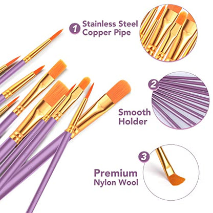 ESRICH Acrylic Paint Brushes Set, 8 Packs 80 Pcs, Nylon Brush Head | Acrylic Oil Watercolor, Face Nail Art, Miniature Detailing, Rock Painting, Painting Artist Professional Kits(Purple) - color: Purple, size: 80