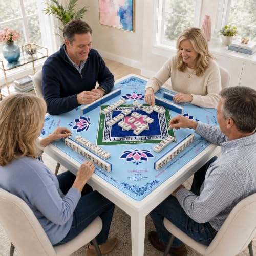 Mahjong Mat 31.5x31.5 Inch, Non-Slip Rubber American Mahjong 3mm Mat with Rules, Lotus Butterfly Hand-Painted Look Noise Reducing Game Neoprene Mat for Table (Lotus Classic) - color: Lotus Classic