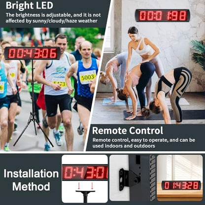 Large LED Display Digital Race Timer with Battery,Function-Countdown/Up/Time Clock, Remote Control, Tripod Stand and Adjustable Brightness for Sports Events, Races, Meetings, Presentations - style: non-waterproof+red