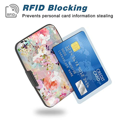 Credit Card Holder, Mini Aluminum Card Wallet RFID Blocking Slim Metal Hard Card Case for Women Men, Pink Flowers - color: Pink Flowers