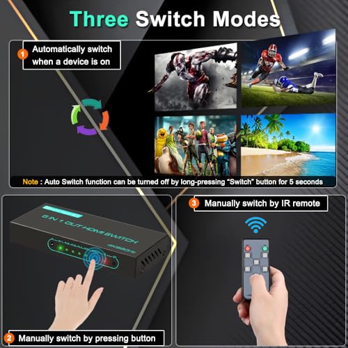 SkycropHD 4K@60Hz HDMI Switch, 5 in 1 Out HDMI 2.0 Switcher with Remote Support Auto Switch, HDR10, Dolby Vision, Dolby Atmos, 18Gbps, CEC