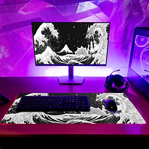 Black and White Japanese Wave Dragon Gaming Mouse Pad - Abstract Mat with Non-Slip Rubber Base, 31.5x11.8 Inch, Stitched Edges - Desk Pad for Office and Home - color: Japanese Waves Sea Dragon