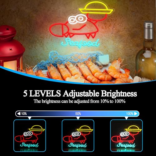 Seafood Neon Sign Dimmable Crab Neon Light Marine Animals Light Sign for Seafood Restaurant Aquarium Kitchen Outdoor Food Party(12.6 * 16.54In) - style: Seafood
