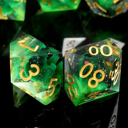 Haxtec Sharp Edge DND Dice Set, Glitter Resin Polyhedral RPG Dice | Green D&D Dice for Role Playing Games, Compatible with Dungeons and Dragons, Handmade 7-Die with Metal Case, TTRPG Gifts - color: Green Black Gold