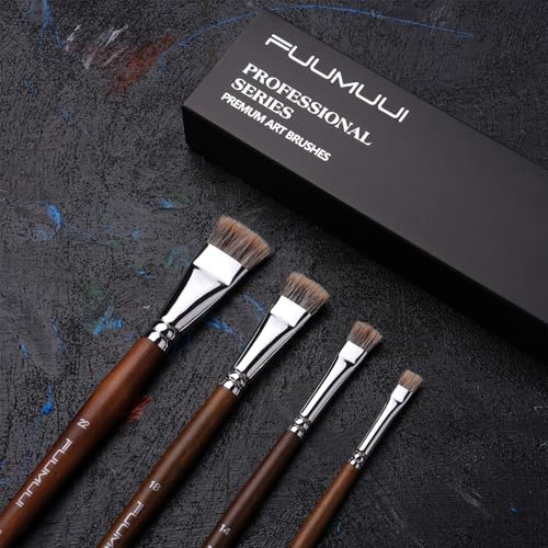 Fuumuui Professional Paint Brush Set, 4Pcs Natural Badger Hair with Flat Shape Blending Mop Oil Paint Brushes for Acrylic Painting Oil and Gouache - style: Flat
