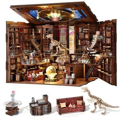 MiniCity Beyond Library Book Nook Kit, Wooden Miniature House with LED | 1074-piece wood/paper/plastic kit with LED and dust cover; glue/tools included; 8-10 hr build for shelf decor, ages 14+. - style: Beyond Library Max