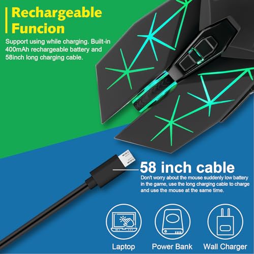 Rechargeable Wireless Gaming Mouse with Light Up, 3200 DPI for PC Computer | 7 Buttons, 4 Levels of DPI, Dynamic RGB LED, Side Buttons, 2.4G Wireless, Long Charging Wire Mouse for Laptop Desktop Win Mac