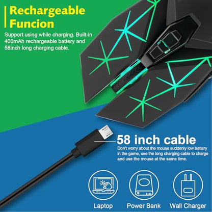 Rechargeable Wireless Gaming Mouse with Light Up, 3200 DPI for PC Computer | 7 Buttons, 4 Levels of DPI, Dynamic RGB LED, Side Buttons, 2.4G Wireless, Long Charging Wire Mouse for Laptop Desktop Win Mac