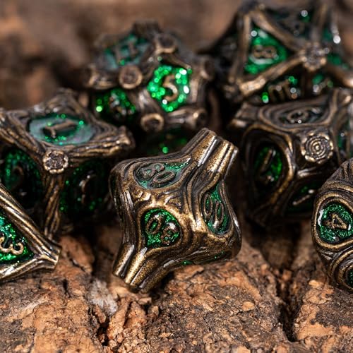 7PCS Metal DND Dice Bronze Green Metal Dice Set D&D for Board Games | Leather Storage Bag, DM Gift, for Dungeons and Dragons Role Playing Games - color: Metal Tree-bronzegreen