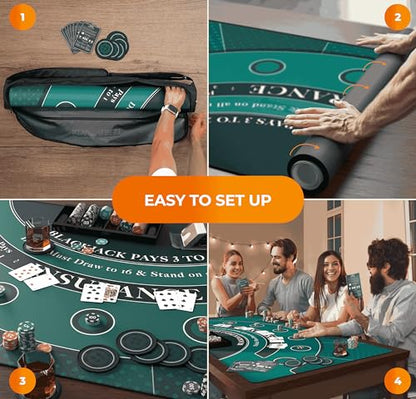 Newverest Blackjack Mat 70" x 35", Blackjack Table Top for Home Game Nights with Friends | Black Jack Casino Table Topper, Poker Mat Layout in Zipper Storage Bag with 8 Coasters in Gift-Ready Box - color: Traditional Green