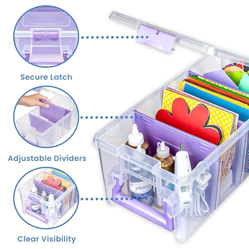 ArtBin Semi Satchel 휴대용 공예 정리함, 칸막이 3개 포함 - 미술 및 공예 용품을 위한 투명 플라스틱 보관 케이스 | 탈착식 칸막이 3개, 39.9 x 20.3 x 16.2cm(15.2 x 8 x 6.2인치), 안전한 걸쇠, 운반 손잡이, 투명하고 내구성 - color: 퍼플., size: Pack of 1