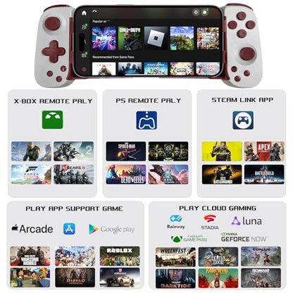arVin Mobile Gaming Controller for Android/iPhone/iPad/Tablet/PC/Switch/PS3/PS4, Wireless Gamepad with Hall Effect Joystick/Turbo/6-axis Gyro/Vibration/Play Xbox Cloud Gaming/PS Remote Play/Steam Link - color: White&Red, size: Standard Version(D6)