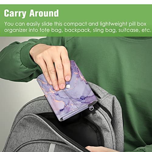 FINPAC Weekly Pill Organizers 4 Times A Day, Slide Open PU Leather Case Travel Pill Vitamin Medicine Reminder and Planner with Name Card for Morning| Afternoon| Evening| Bedtime (Lilac Marble) - color: Lilac Marble