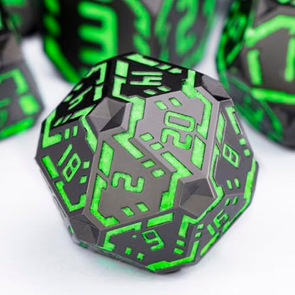 Metal DND Sci-fi Dice Set 7PCS Luminous Green Stripe Polyhedral Dice for Dungeons Dragons RPG Role Playing Game, Glitter D and D Dice with Gift Box D6 D8 D10 D12 D20 - color: Nightlight - Green