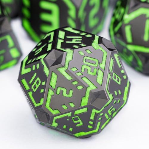 Metal DND Sci-fi Dice Set 7PCS Luminous Green Stripe Polyhedral Dice for Dungeons Dragons RPG Role Playing Game, Glitter D and D Dice with Gift Box D6 D8 D10 D12 D20 - color: Nightlight - Green