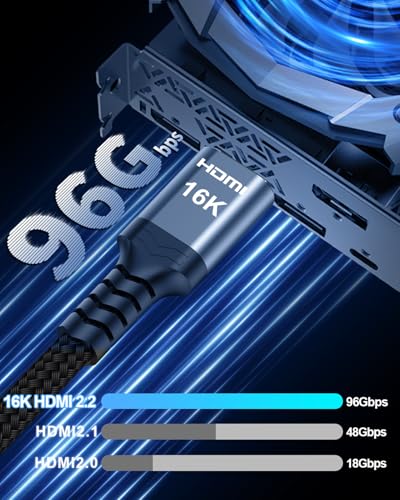 16K HDMI 2.2 Cable [16K@60Hz, 8K@240Hz, 2K/4K@480Hz/240Hz], 96Gbps Ultra High Speed Braided HDMI Cord, HDR10+ eARC HDCP 2.3 2.2 Cables for PS5/PS4/Xbox/Gaming PC/Monitor/Projector/Roku TV, 3FT - size: 3.3 FT 1M