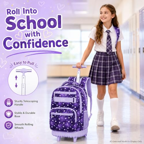 3Pcs Rolling Backpack for Girls Teens, 19" Wheeled Backpack with Lunch Box, Polka Dots Travel Roller Backpack for Women College Students (Purple) - color: Starry Sky Heart Purple