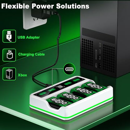 Upgraded Fast Charging Rechargeable Battery Pack for Xbox -4x6200mWh Batteries with Light Control &Charger Dock -Compatible with Xbox Series X|S,One S/X,Elite Controllers, Charger Sets, White