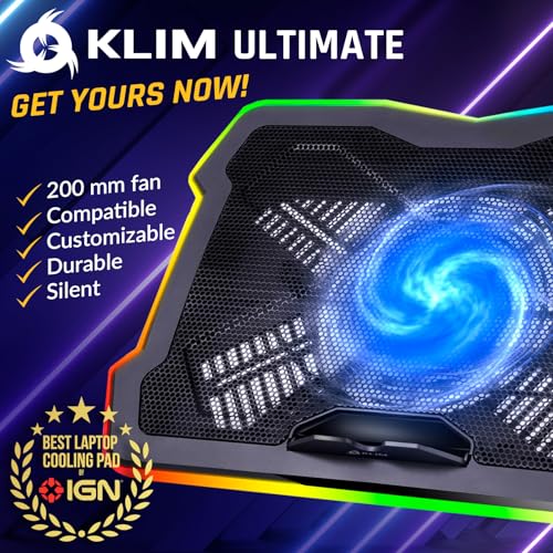 KLIM Ultimate - RGB Laptop Cooling Pad with LED Rim - NEW - Gaming Laptop Cooler - USB Powered Fan - Very Stable and Silent Laptop Stand - Compatible up to 17" - PC Mac PS5 PS4 Xbox One