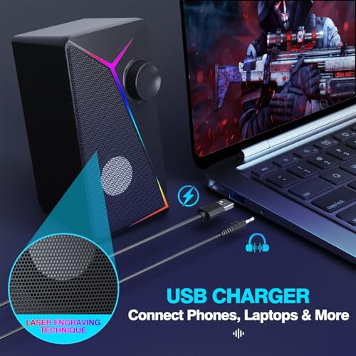 Computer Speakers for Desktop PC, USB AUX Stereo Speaker with RGB Lights, Plug and Play Monitor Speakers for Laptop Gaming Office,Extended Cable 3.44ft,Crisp Stereo Sound - style: CO-706