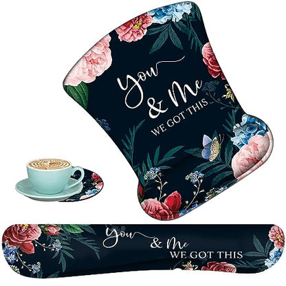 Keyboard Wrist Support + Wrist Mousepad + Coaster Combination, Non-Slip PU Base, with Gel Memory Mousepad, Suitable for Gaming, Office Pain Relief Mousepad Set - Bible Flower - color: Bible Flower