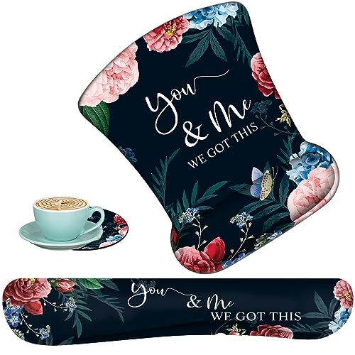 Keyboard Wrist Support + Wrist Mousepad + Coaster Combination, Non-Slip PU Base, with Gel Memory Mousepad, Suitable for Gaming, Office Pain Relief Mousepad Set - Bible Flower - color: Bible Flower