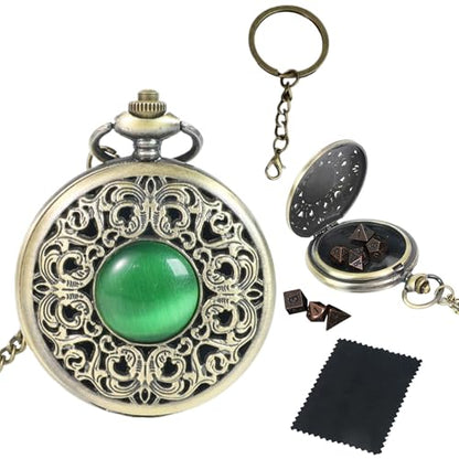 Mini Dice Set with Watch Shell and Keychain, Portable 7PCS Polyhedral Metal Dice Set Perfect for As a Gift, MTG, Role Playing Board Games Accessory (Ancient red Copper) - color: Ancient Red Copper