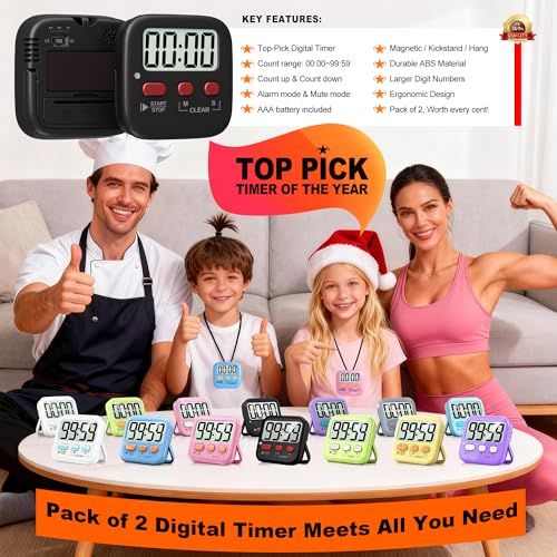 2 Pack Digital Timer for Kids Classroom Kitchen Timers for Cooking | w/ Battery, Easy to View, Alarm, Mute Mode, Count Down/Up, Magnetic, Kickstand, Hanging, Classroom Timer for Teacher Supplies - color: New Black