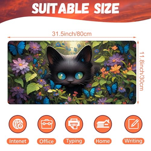Desk Pad, Cute Black Cat Desk Mat, Cat Among Butterfly Flowers Large Gaming Mouse Pad for Desk, 31.5"x15.7" Extended Big Computer Keyboard Mouse Pad with Non-Slip Base and Stitched Edge - color: Cute Black Cat