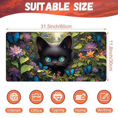 Desk Pad, Cute Black Cat Desk Mat, Cat Among Butterfly Flowers Large Gaming Mouse Pad for Desk, 31.5"x15.7" Extended Big Computer Keyboard Mouse Pad with Non-Slip Base and Stitched Edge - color: Cute Black Cat