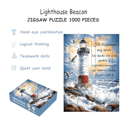 Puzzles for Adults 1000 Pieces, Lighthouse Jigsaw Puzzles - Lighthouse Beacon, Impossible Christian Bible Puzzle for Seniors Families,27.56x19.69 Inches, 1:1 Poster, Letter on The Back