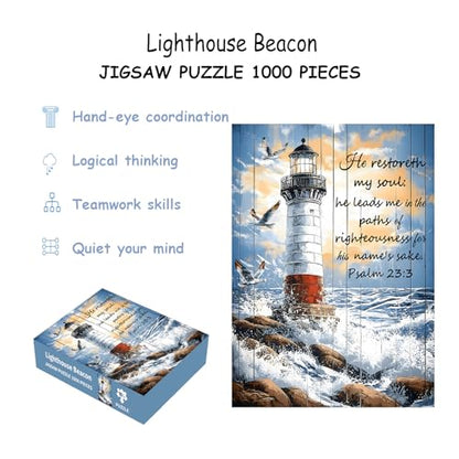 Puzzles for Adults 1000 Pieces, Lighthouse Jigsaw Puzzles - Lighthouse Beacon, Impossible Christian Bible Puzzle for Seniors Families,27.56x19.69 Inches, 1:1 Poster, Letter on The Back