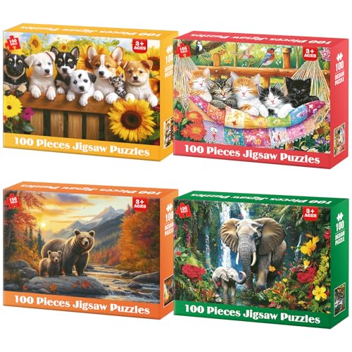 4-Pack 100 Piece Puzzles Dogs Cats Bears Elephants Puzzle for Kids | Jigsaw Puzzle for Adults Seniors Children Learning Educational Puzzles Toys Birthday Gifts for Girls Boys Ages 4-8 8-10 - style: Dogs Cats Bears Elephants