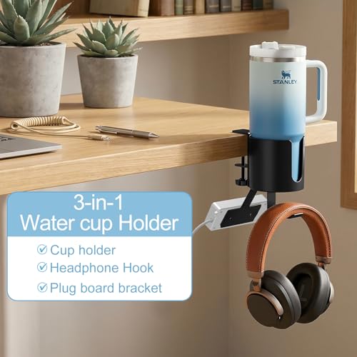 MYITYARD 3 in 1 Desk Cup Holder Clamp, Clip On Table Cup Holder with Headphone Hook & Power Strip Holder, Rotatable Water Bottle Drink Coffee Mug Organizer, Gaming Accessories for Home and Office - color: With Power Strip Holder