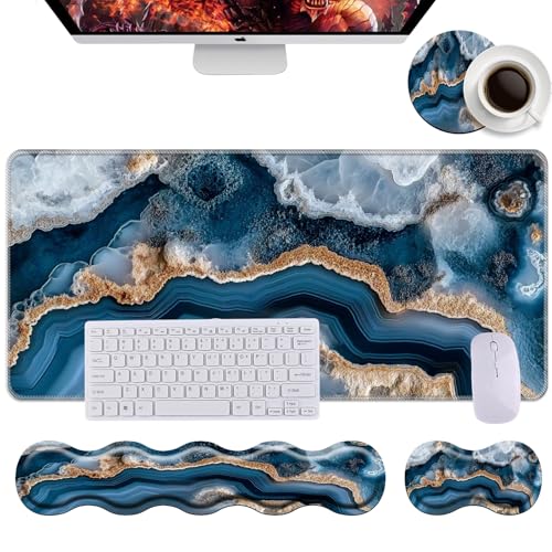 Keyboard Wrist Rest+Mouse Wrist Pad+Desk Pad Set,Memory Foam Ergonomic Easy Typing Pain Relief for Computer Laptop Office Home - Blue Marble - color: Blue Marble