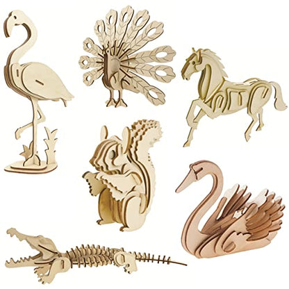 3D Wooden Wild Animal Puzzle - 6 Piece Set Wood Wild Animals Skeleton Assembly Model Kits - Wooden Crafts DIY Brain Teaser Puzzle - STEM 3D Puzzle Gifts for Adults & Teens - style: Wild Animals 6 model