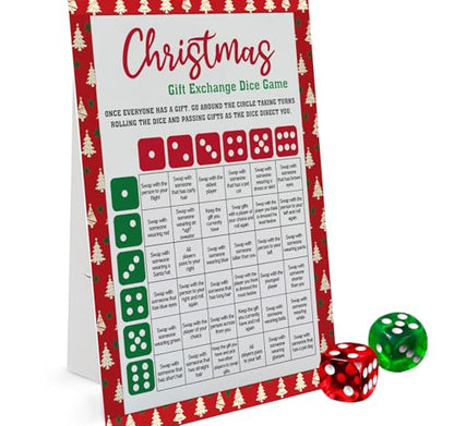 Exchange Dice Game, One Instruction Standing Sign with 2 Dice, Christmas Group Party Game, Xmas Gift Swap Game-SDGE02