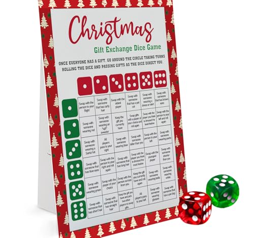 Exchange Dice Game, One Instruction Standing Sign with 2 Dice, Christmas Group Party Game, Xmas Gift Swap Game-SDGE02