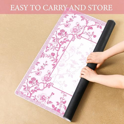 Chinoiserie Mahjong Mat with 1 Carrying Bag 31.5" x 31.5" Pink and White Rubber Anti Slip and Noise Reduction Multi Purpose Game Table Cover for Card, Board Tile Games - color: Pink