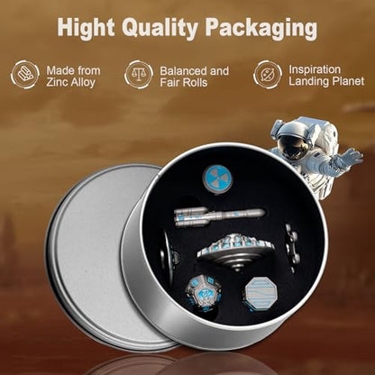 Unique Pioneer Dice Zinc Alloy Metal Dice Set 7pcs DND Dice Mars Planet Theme Polyhedral RPG Dice Set for Dungeons and Dragons Tabletop GamingRocket and UFO Design (Silver Titanium Blue) - color: Silver Titanium Blue