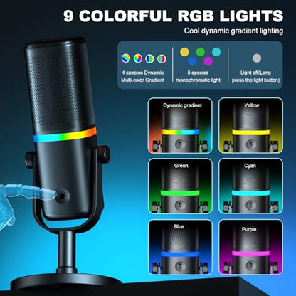 Microphone for PC, AK-10 USB/XLR Dynamic Desktop Microphone for Gaming,Podcast,Streaming with RGB Light,Volume Control,Mute Button,Noise Reduction - color: Black