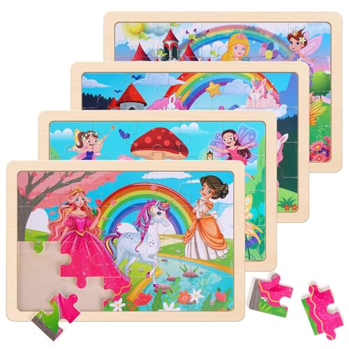 Wooden Educational Jigsaw Puzzles for Preschool Kids Ages 3-5, 4-Pack with 20 Pieces Unicorn Princess Wood Puzzles Set, Toddler Brain Teaser Toys, Preschool Gifts for Boys Girls Ages 3 4 5 6 - color: Unicorn Princess
