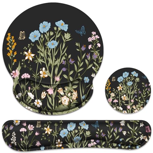 Ergonomic Mouse Pad with Wrist Rest and Keyboard Wrist Rest, Mousepad | Memory Foam Wrist Rest for Computer Keyboard, Pain Relief, Non-Slip Base, Black Mouse Pad Wrist Support for Gaming, Floral - color: Black Floral