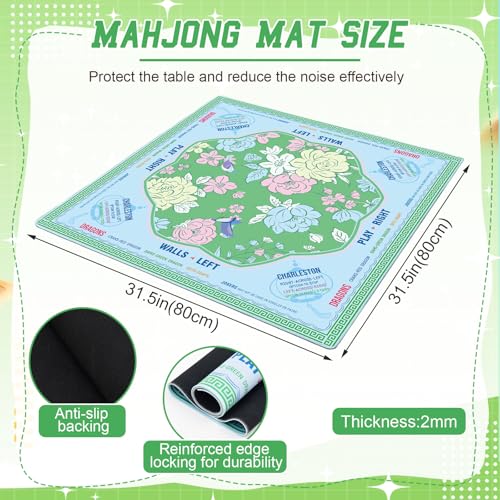 Soulchen Flower Blue and Green American Mahjong Mat for Table with Rules, No Creases, Ships Rolled, 31.5 x 31.5 Non-Slip Noise Reduction Gaming Mat with Carrying Bag for Poker Card Board - color: Blue and Green