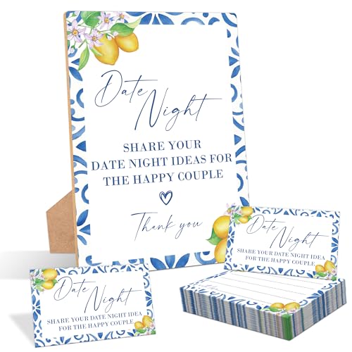 Mediterranean Lemon Date Night Bridal Shower Game, Pack of 1 Wooden Tabletop Sign with Stand and 50 Date Night Cards, Bridal Shower Decorations, Wedding Engagement Decor - YN06 - color: Mediterranean Lemon