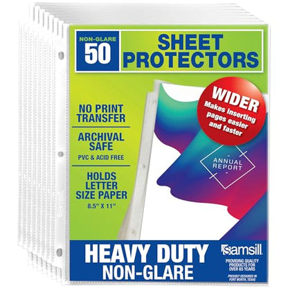 Samsill 50 Pack Heavy Duty Sheet Protectors, Non-Glare, 8.5x11 Inch Page Protectors for 3 Ring Binder, Letter Size Protectors with Reinforced Holes, Non-Glare Protector, Top Loading, Acid Free - size: 50 Pack, style: Non-Glare